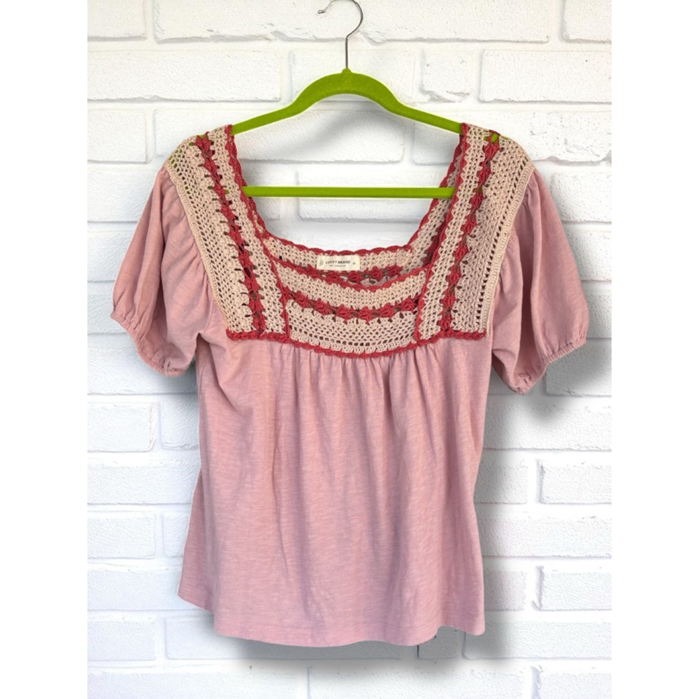 Lucky Brand Women’s XS Mauve Crochet Squareneck Boho Short Sleeve Blouse Top